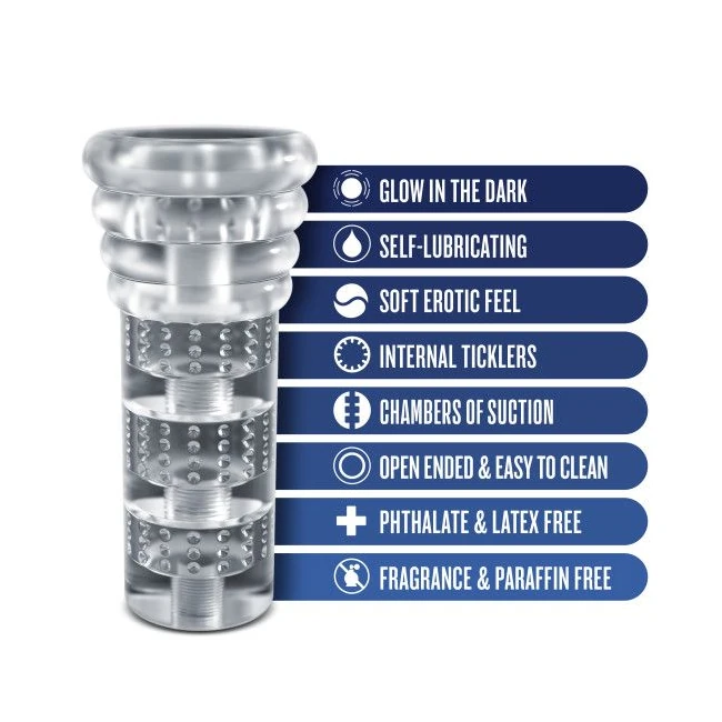Rize Luz Glow in the Dark Self Lubricating Stroker Clear - Internal Texture: Ticklers, Ribs and Suction Chambers