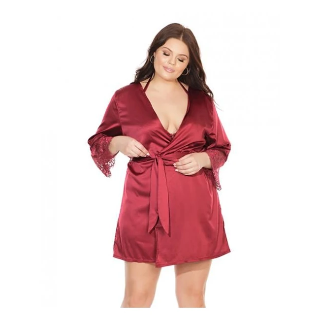 Satin Robe Lace Details Sleeves Red Os/xl - Internal Texture