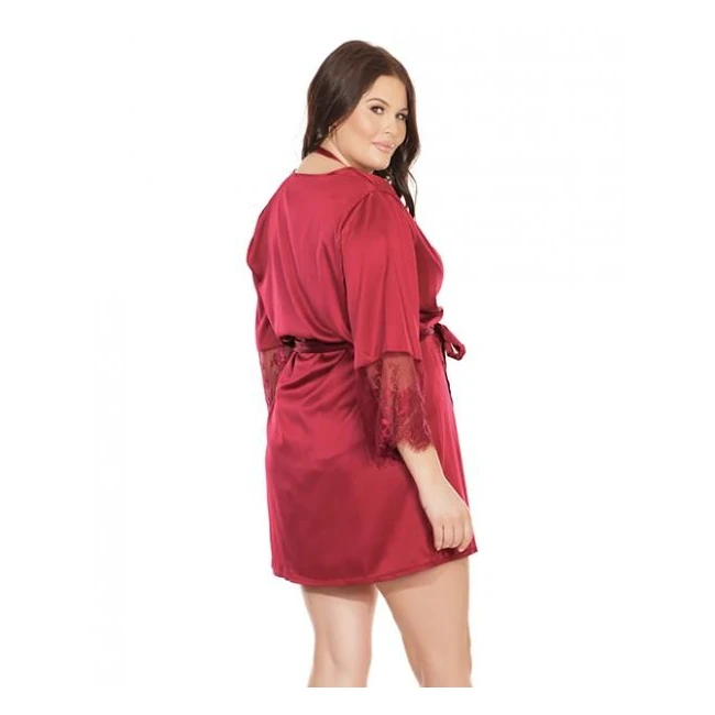 Satin Robe Lace Details Sleeves Red Os/xl - Grip & Control
