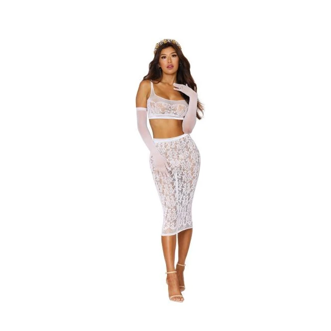 Seamless Sheer Lace Bralette & Slip Skirt White O/s - Fabric & Feel