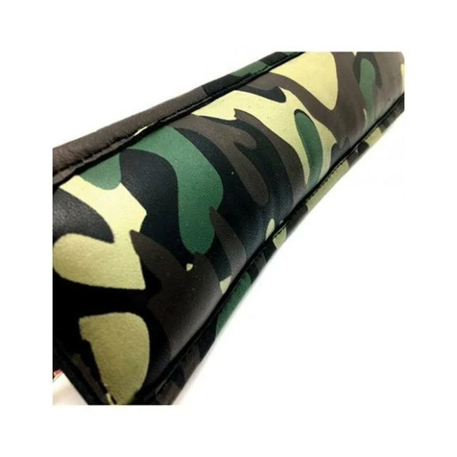 Sensual Sin Leather Padded Ankle Cuffs Camo Piping - Padlock Closure and Carabiner Hardware