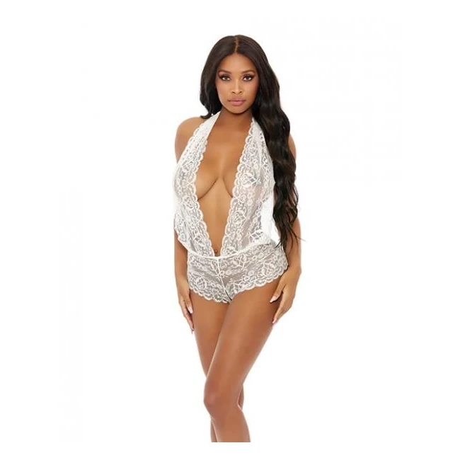 Sheer Lace Deep V Halter Bodysuit W/open Crotch Red Md - Fabric & Feel