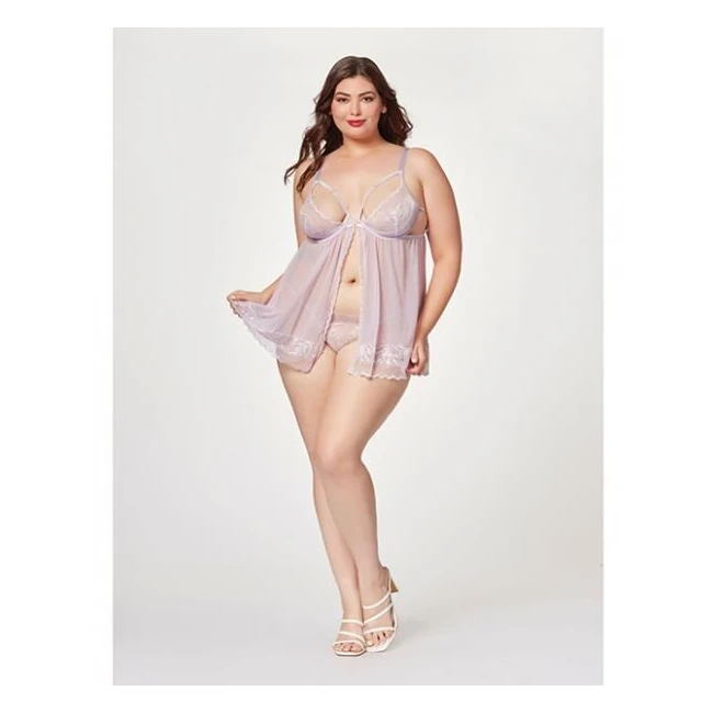 Sheer Mesh & Lace Demi Cup Babydoll & Thong Lavender 1x/2x - Fabric & Feel