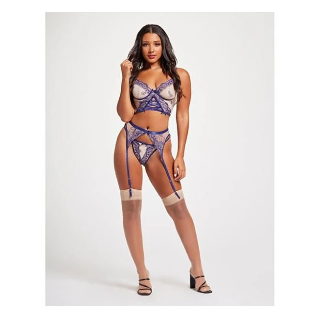 Sheer Stretch Mesh W/floral Contrast Embroidery Bustier, Garter Belt & Thong Blue/nude - Fabric & Feel