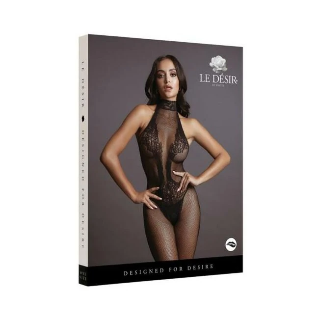 Shots Le Desir Fishnet & Lace High-neck Bodystocking Black O/s - Fit & Sizing