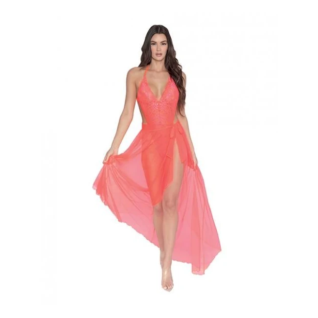 Simply Sexy Stretch Lace Teddy & Sheer Mesh Maxi Skirt W/adjustable Straps & G-string Coral - Fabric & Feel