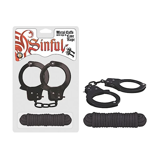 Sinful Metal Cuffs w/ Love Rope - Locking Hardware and Release Keys