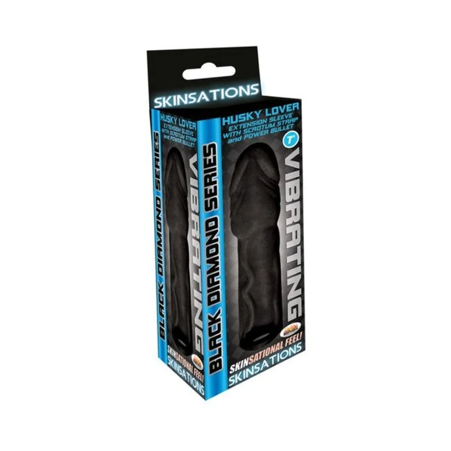 Skinsations Black Diamond Series Husky Lover Extension Sleeve with Power Bullet & Scrotum Strap 7in - Vibration Modes