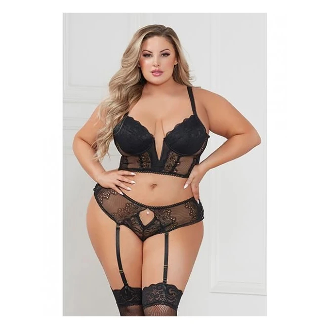 Stretch Lace Cropped Bustier & Cheeky Panty Black 1x/2x - Fabric & Feel
