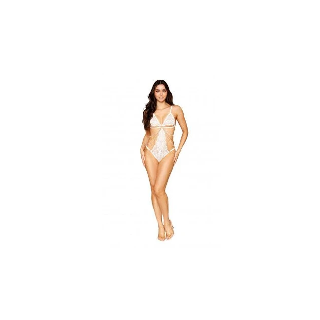 Stretch Lace Teddy W/ Pearls & Chain White O/s - Fabric & Feel