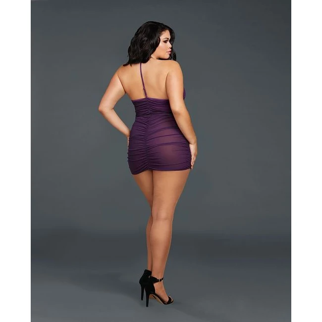 Stretch Mesh Chemise W/ Shirring Detail & G-string Plum Queen - Fabric & Feel