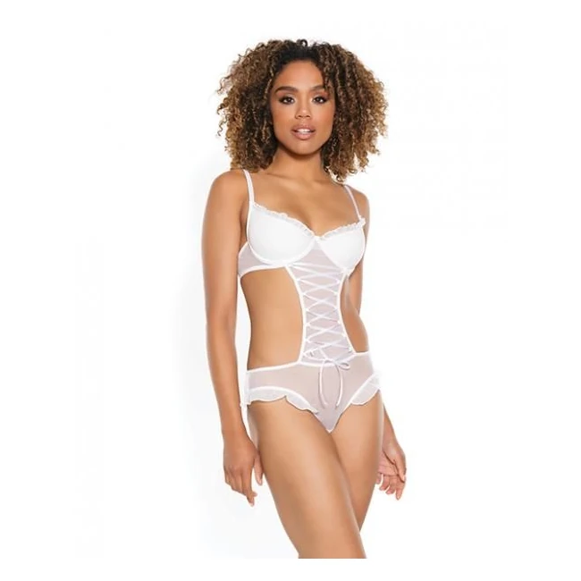 Stretch Mesh Ruffled Crotchless Teddy White - Fabric & Feel