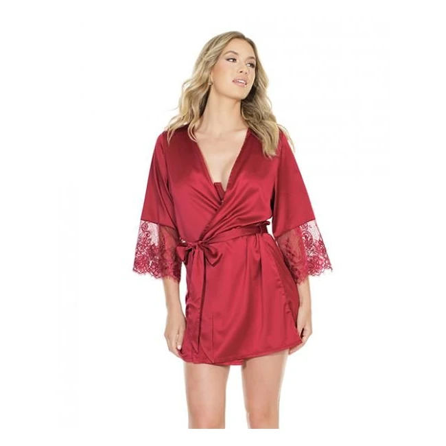 Stretch Satin Robe Lace Details Sleeves Red O/s - Internal Texture