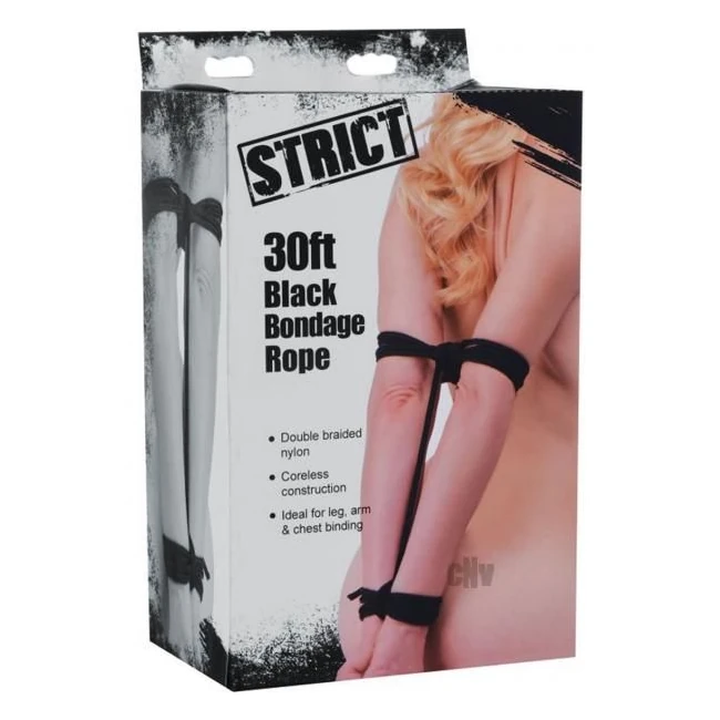 Strict Bondage Rope 30 Feet Black Nylon - Hardware & Fasteners