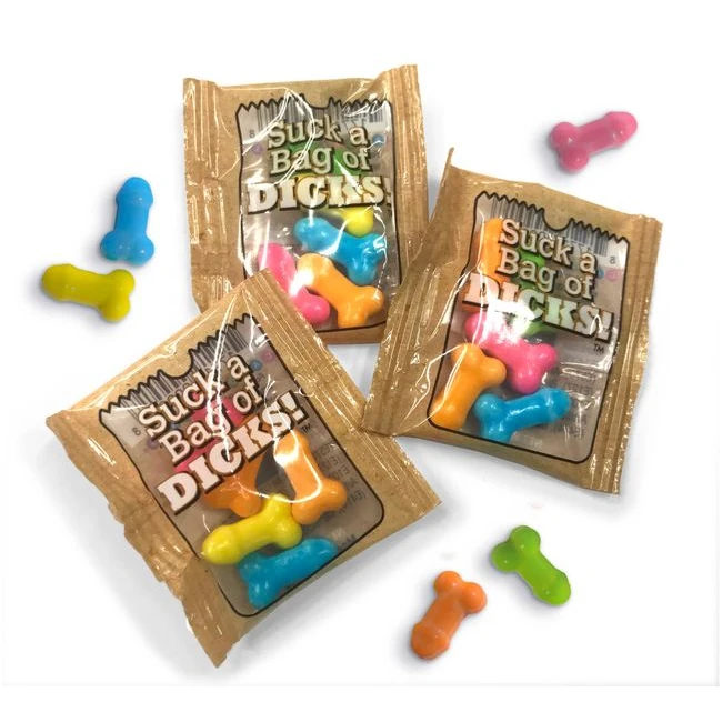 Suck a Bag of Dicks Display of 100 .15 oz Bags - Pecker-Shaped Candy in a 100-Pack Display