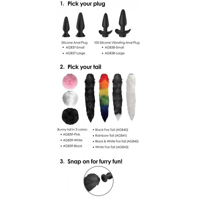 Tailz Snap on Silicone Anal Plug & 3 Interchangeable Tails - Tailz Snap-On Silicone Anal Plug & 3 Interchangeable Tails
