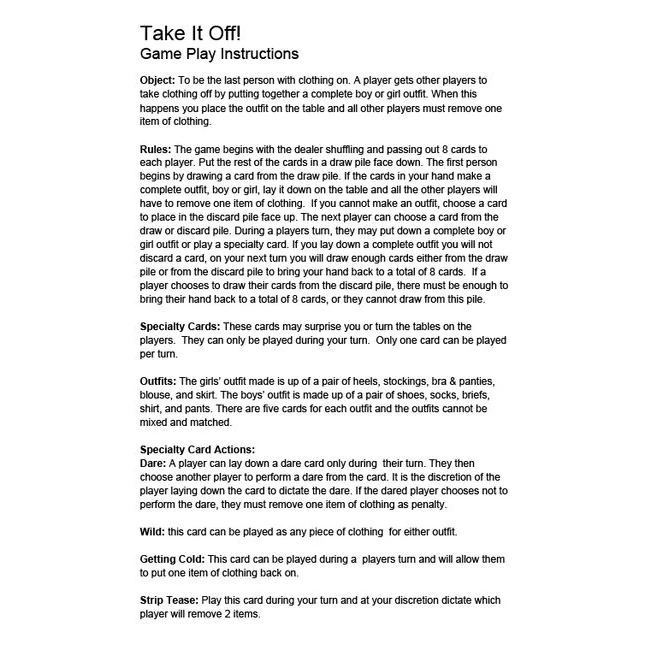 Take It Off Stripping Card Game - Overview