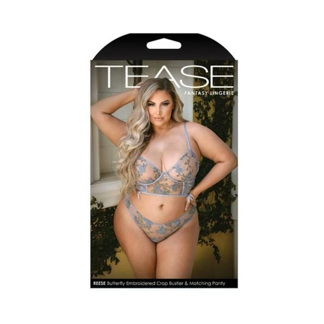 Tease Reese Butterfly Embroidered Mesh Bustier Top with Ribbon Lace-up Detail & Matching Panty with - Fabric & Feel
