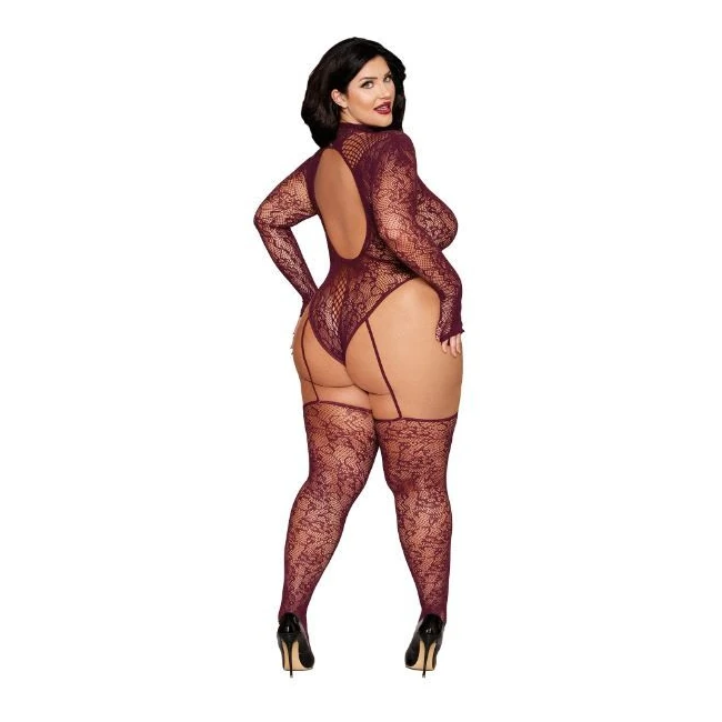 Teddy Bodystocking Cherry Lacquer - Seamless Lace in a Glossy Cherry Finish