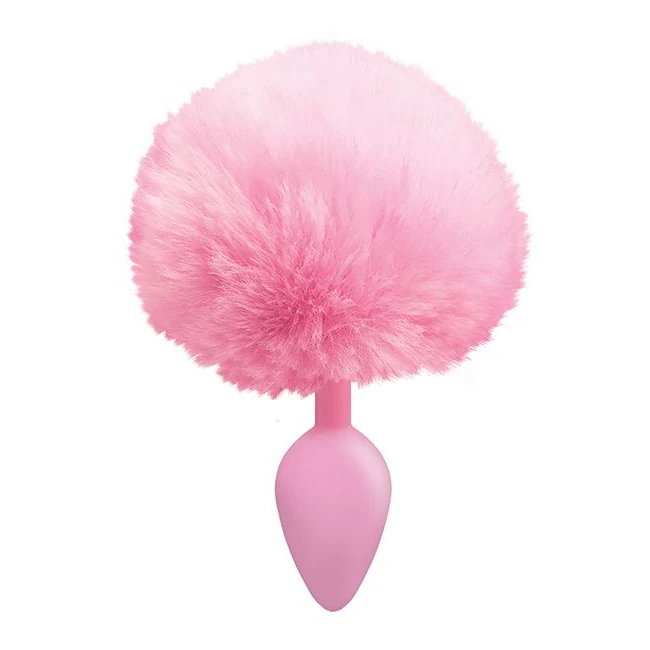 The 9's Cottontails Silicone Bunny Tail Butt Plug - Pink or Purple, With a Soft Plush Tail