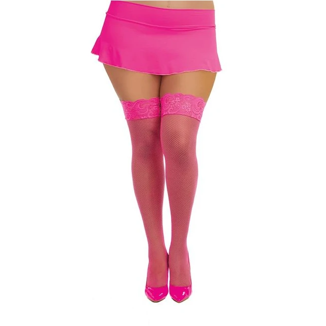 Thigh Highs Fishnet W/ Back Seam Hot Pink Q/S - Fishnet Texture and Silicone Lace Tops