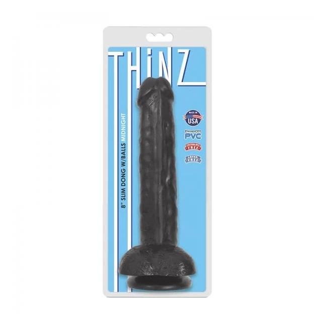 Thinz 8 Inch Slim Dildo with Balls - Black - Shape & Texture