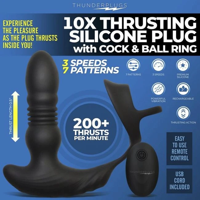 Thunderplugs 10x Thrusting Plug W/ Cock & Ball Ring - Experience Unmatched Pleasure with the Thunderplugs 10X Thrusting Plug
