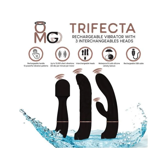 Trifecta Rechargeable Vibrator W/ 3 Interchangeable Heads Black - Vibration Modes