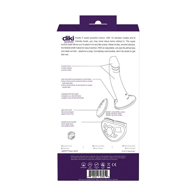 Vedo Diki Vibrating Dildo W/ Harness Deep Purple - Experience the Vedo Diki Vibrating Dildo with Harness in Deep Purple