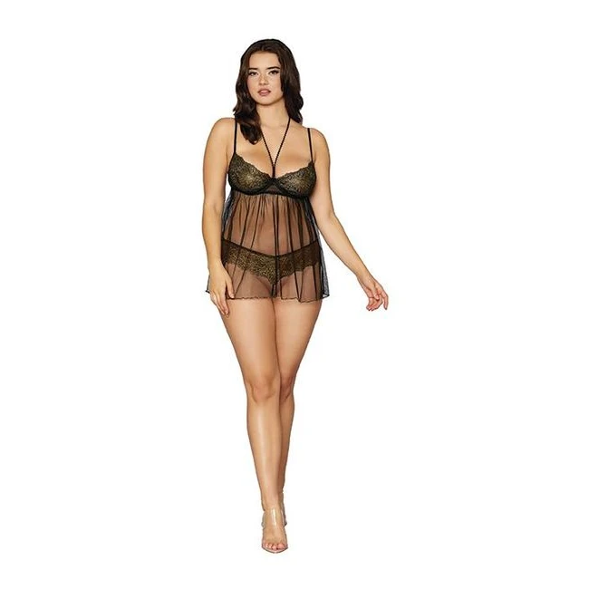 Gold Foil Babydoll Stretc Lace & Mesh Black/gold Os - Fabric & Feel