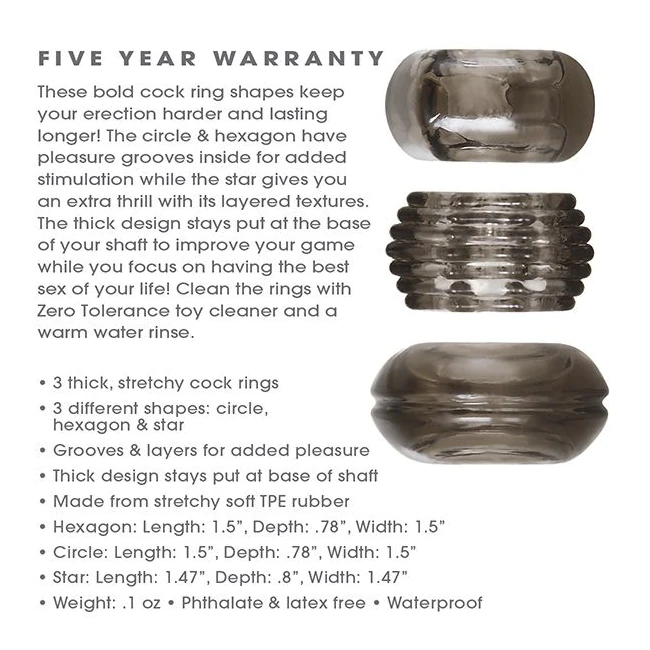 Zero Tolerance Triple Thick Cock Ring Trio - Measurements for Each Shape