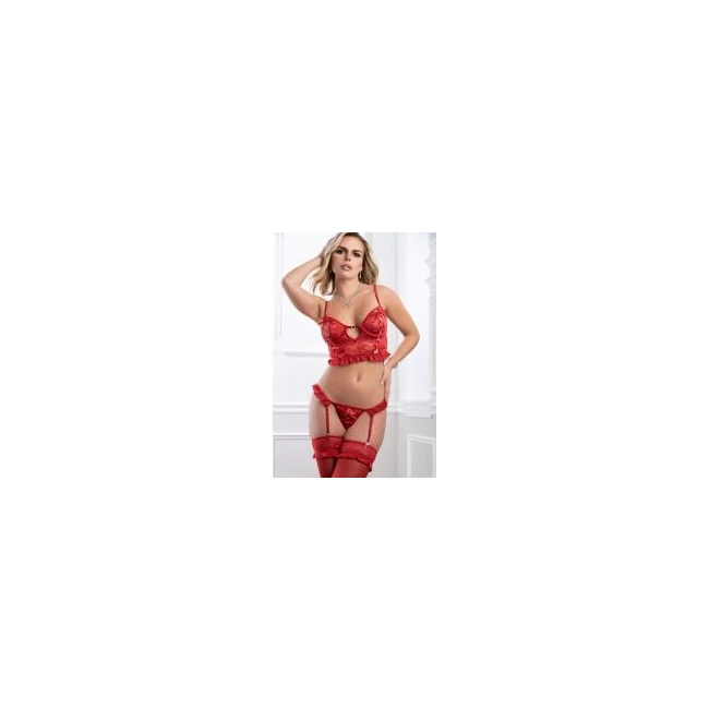 3pc Cropped Bustier Thong and Stocking Set Sexy Magenta O/s - Fabric & Feel