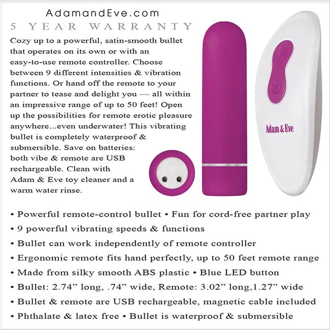 Adam & Eve Eves Rechargeable Remote Control Bullet - Vibration Modes and Intensity