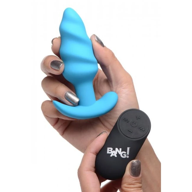 Bang! 21x Vibrating Silicone Swirl Butt Plug W/ Remote Blue - Vibration Modes