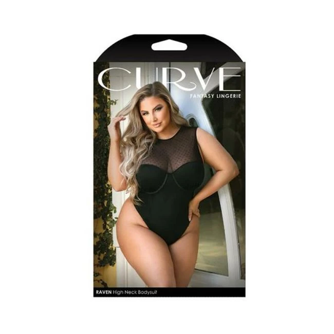 Curve Raven High-neck Bodysuit with Back Cutout and Snap Closure Black 1x/2x - Fabric & Feel