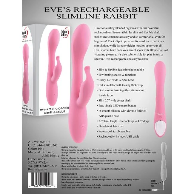 Adam & Eve Eves Rechargeab Slimline Rabbit - Materials & Maintenance