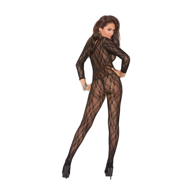 Deep V Bodystocking W/ Lon Sleeves Black O/s - Internal Texture
