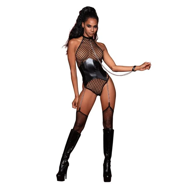 Fishnet Halter Teddy W/ Fa Leather Corset - Specifications