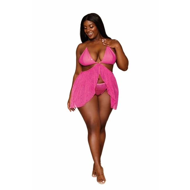 Metallic Sparkle Mesh & Vi Babydoll W/ G-string Peony Q/s - Fabric & Feel