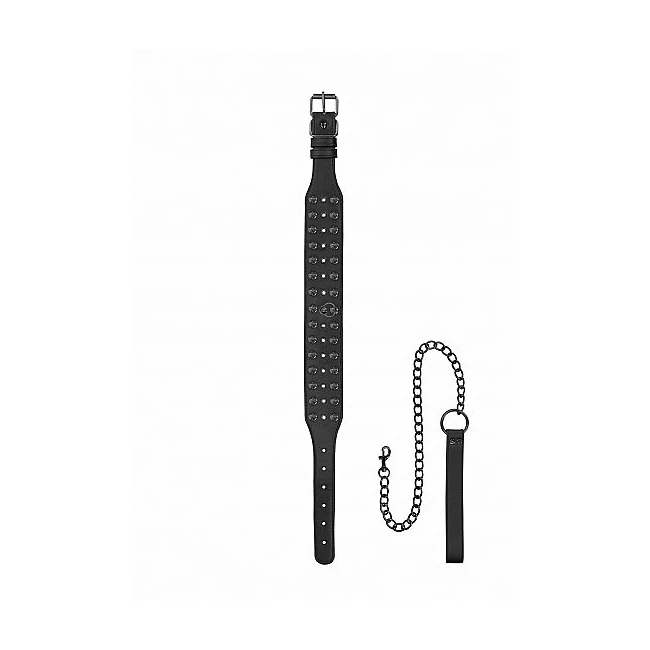 Ouch! Skulls & Bones Neck Chain W/ Spikes & Leash Black - Hardware & Fasteners
