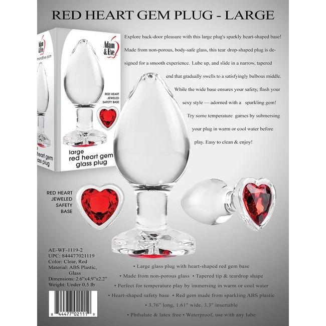 Adam & Eve Red Heart Gem Gl Plug Large - Graduated Sizing & Dimensions