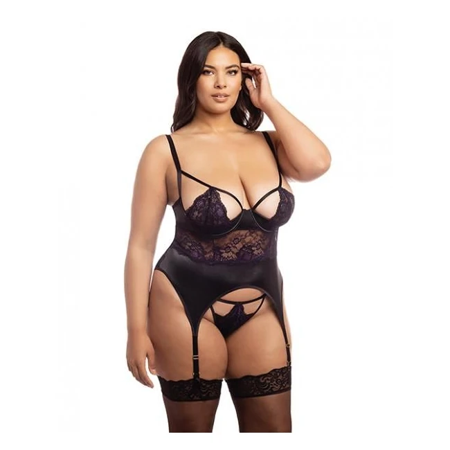 Demi Padded Shelf Cup Merrywidow W/overlay Lace & Panty Black/heliotrope - Fit & Sizing