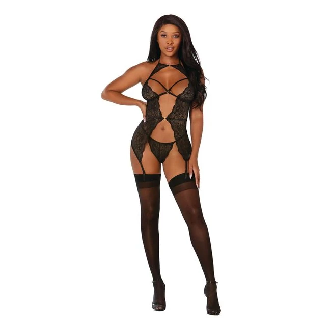 Scalloped Stretch Lace Open Front Garter Slip Black O/s - Specifications