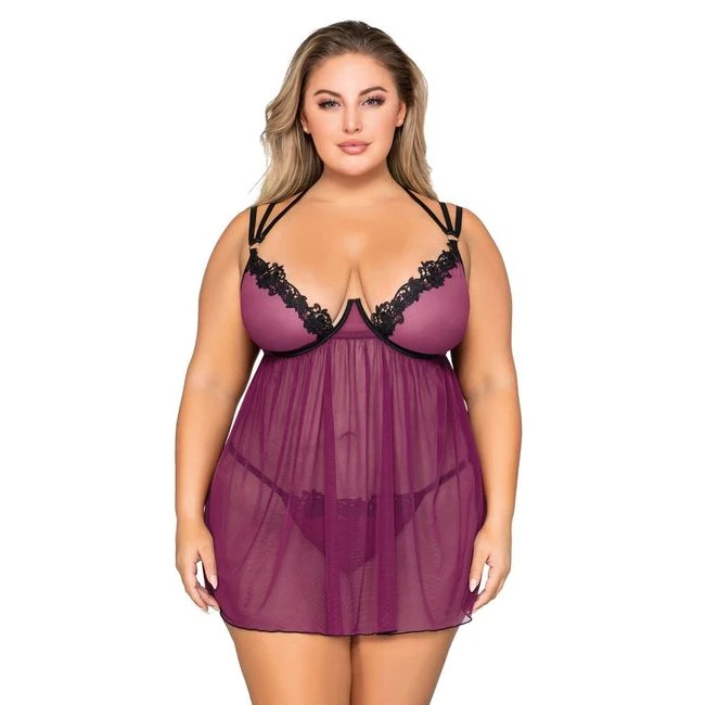 Stretch Mesh Babydoll W/ Contrast Lace Mulberry Q/s - Fabric & Feel