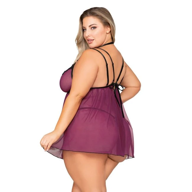 Stretch Mesh Babydoll W/ Contrast Lace Mulberry Q/s - Fit & Sizing