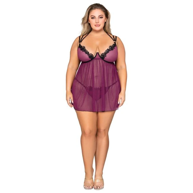 Stretch Mesh Babydoll W/ Contrast Lace Mulberry Q/s - Design Details