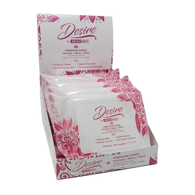 Swiss Navy Desire Unscented Feminine Wipes 25ct 6pc Display - Overview