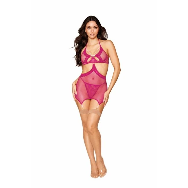 Fishnet & Lace Garter Slip Set Beet O/s - Fabric & Feel
