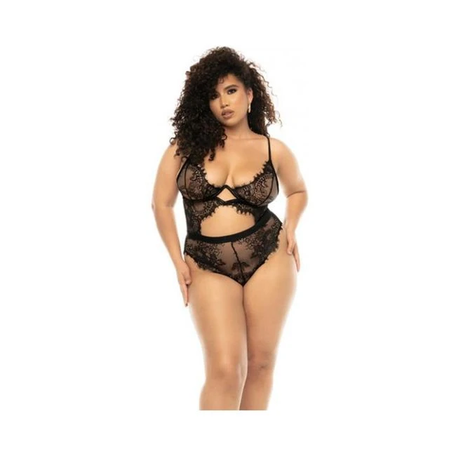 Floral Lace & Mesh Underwire Teddy W/keyhole Details Black 1x/2x - Fabric & Feel