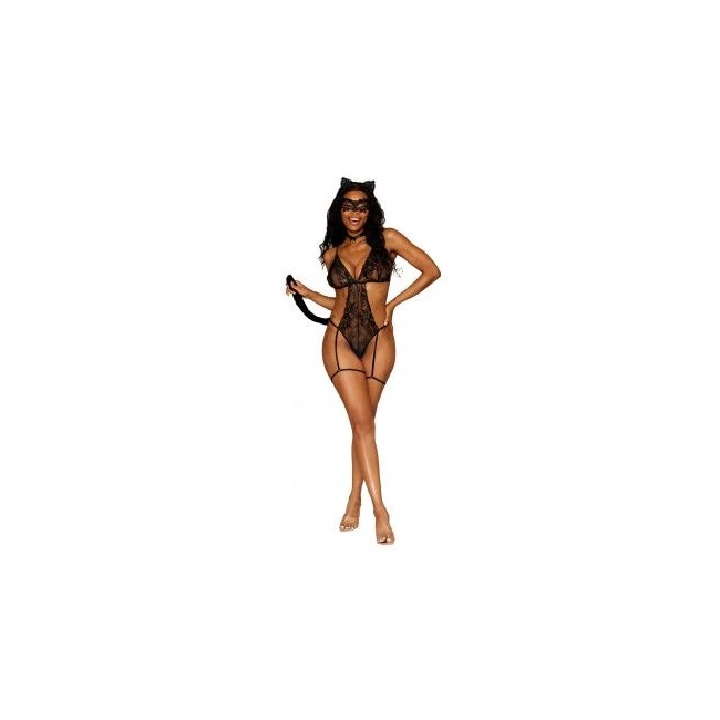 Frisky Kitty Lace Garter Teddy 4pc Set Black O/s - Fabric & Feel